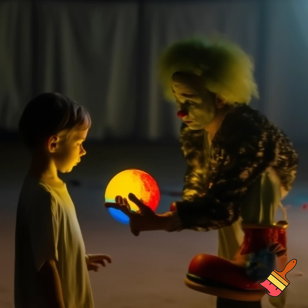  A child gives a sad circus clown a ball.