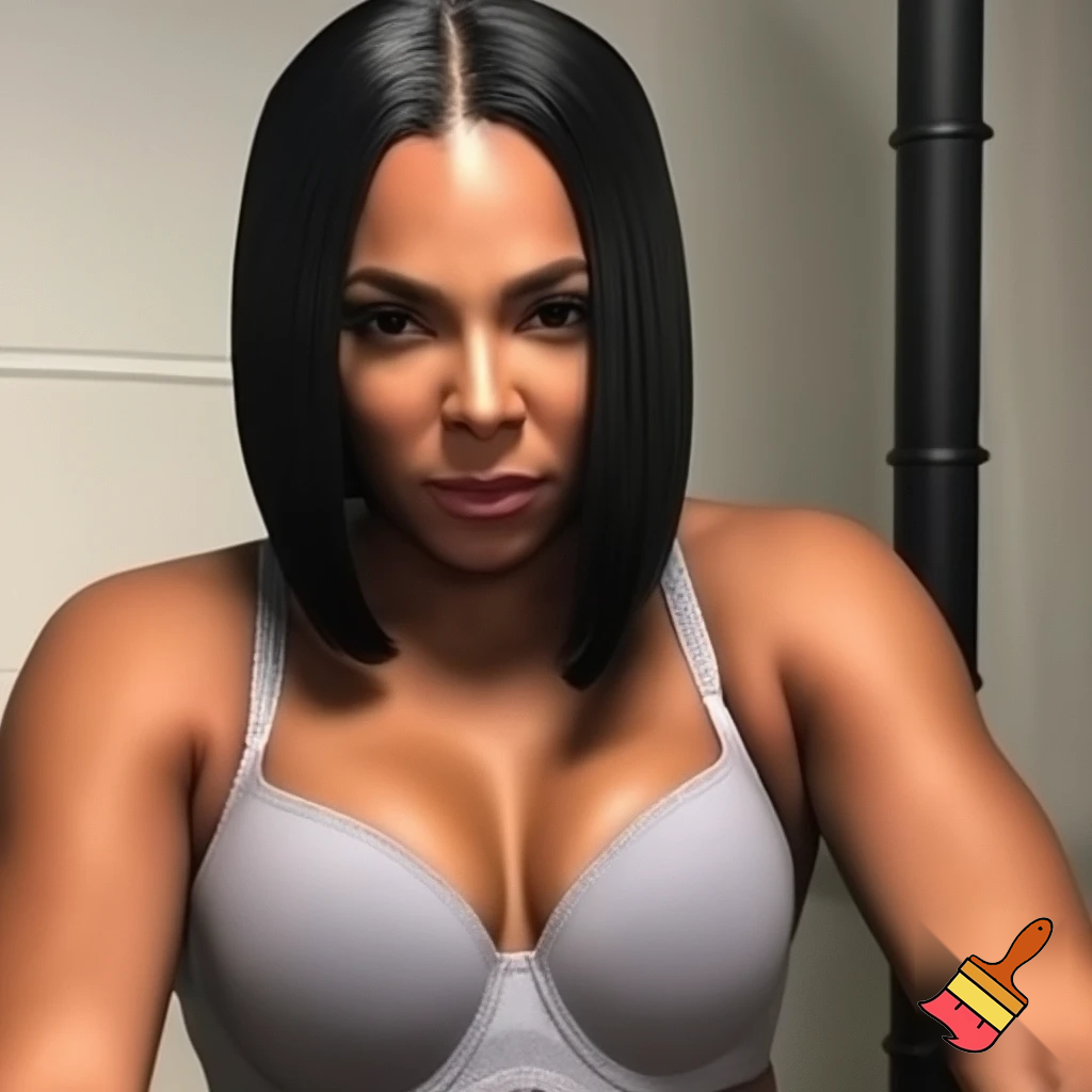 Ashanti with a black sleek middle part bob hair wearing a grey bra working out 