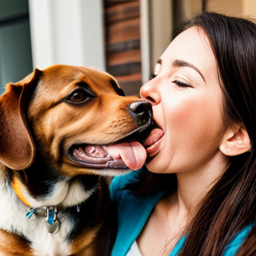 A dog that's tongue is so long and it is going into a woman's mouth