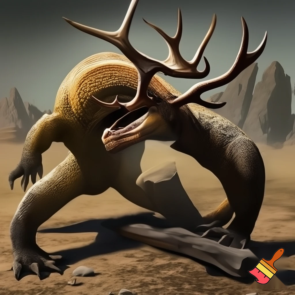 Half komodo Dragon half deer fighting with a bone