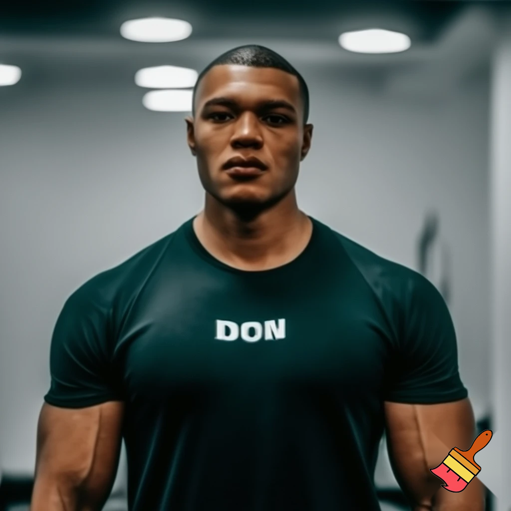 Make   A photo of a guy named Emil who is a gigachat and super strong his name shall be on his shirt and it’s Emil