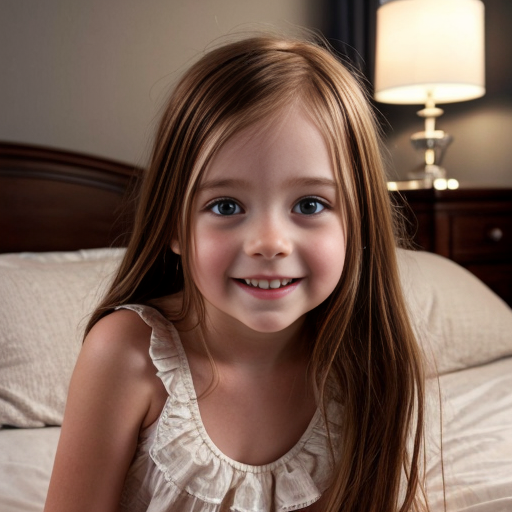 finnish little girl at night dress, very beautiful and eager, long auburn hair, on the bedroom, close up
