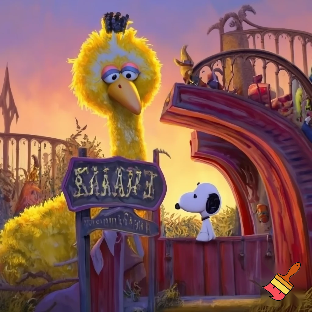 big bird and Snoopy are checking out freak show themed zoo


