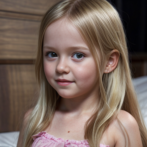 finnish little girl at night dress, very beautiful and eager, long blonde hair, on the bedroom, close up

