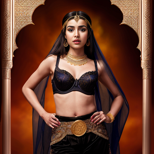 Aladdin 2d style of a Attractive Moroccan woman with dark skin wearing a headpiece, a veil, ornate cuffs, a bejeweled bra, a coin belt, harem pants and curved dance shoes  