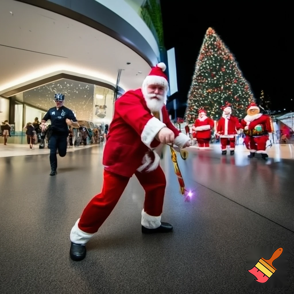 Santa Claus dancing shopping Centre walking Australian magic walking stick walking stick star running outside of the shopping centre on the Christmas tree  policeman are running the two naughty Santa Claus the two good Santa Claus and the naughty one