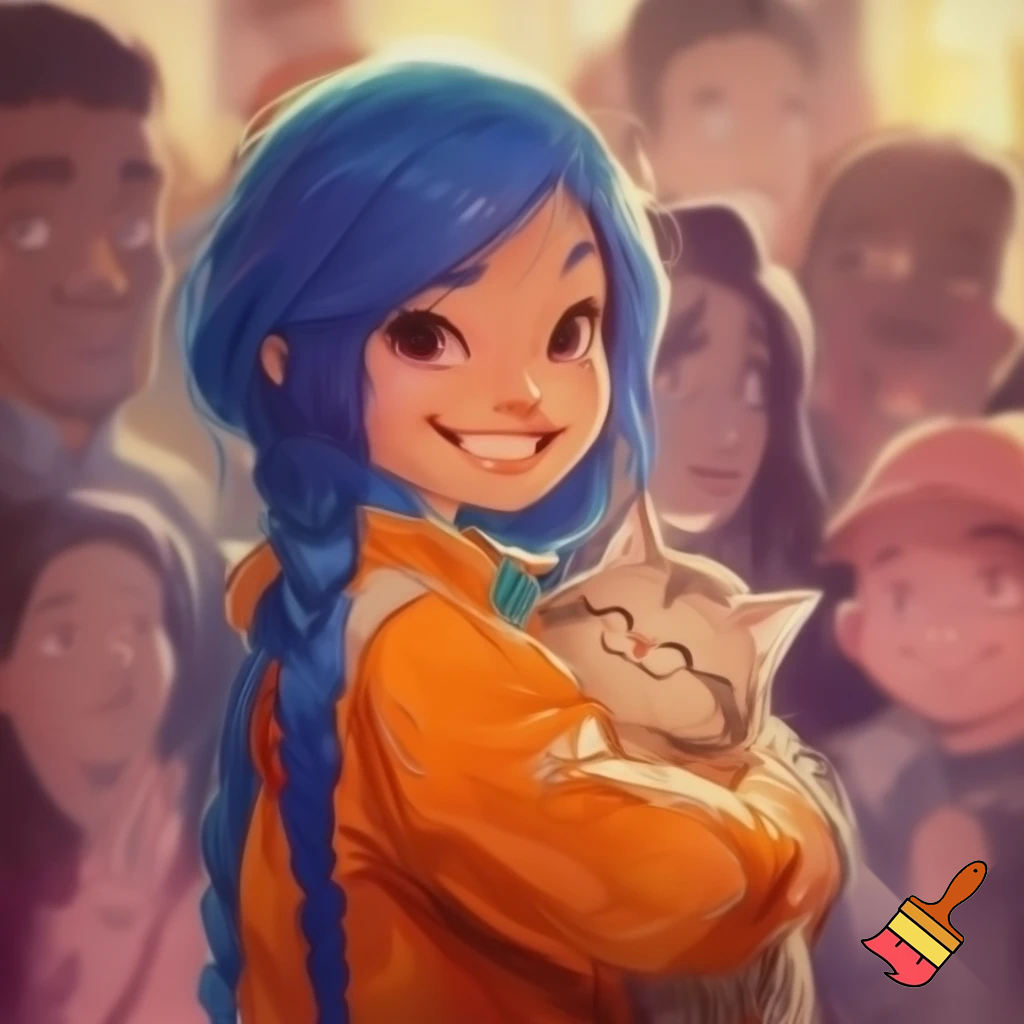 a girl with blue hair braid and a orenge jacket holding a cat and a smle all the people like her she was so famous