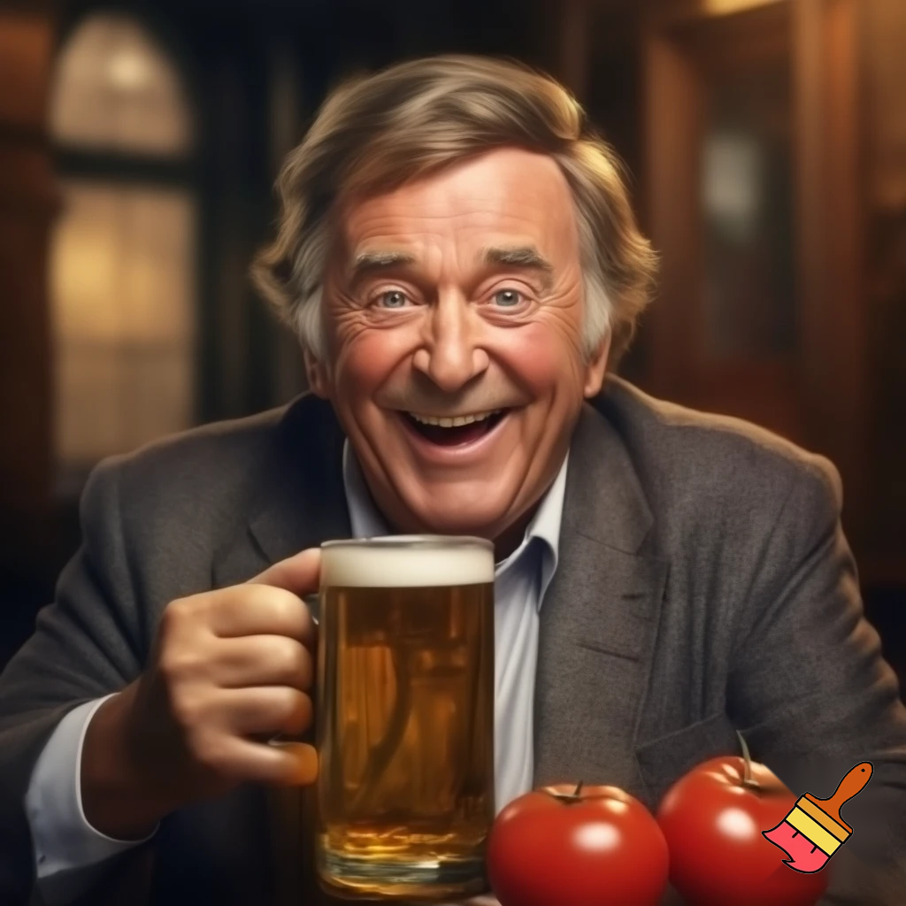 Terry Wogan with a pint of beer laughing at a tomato 