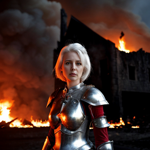 young, tall, white-haired woman in armor stands in front of a burning castle into which meteorites are falling.