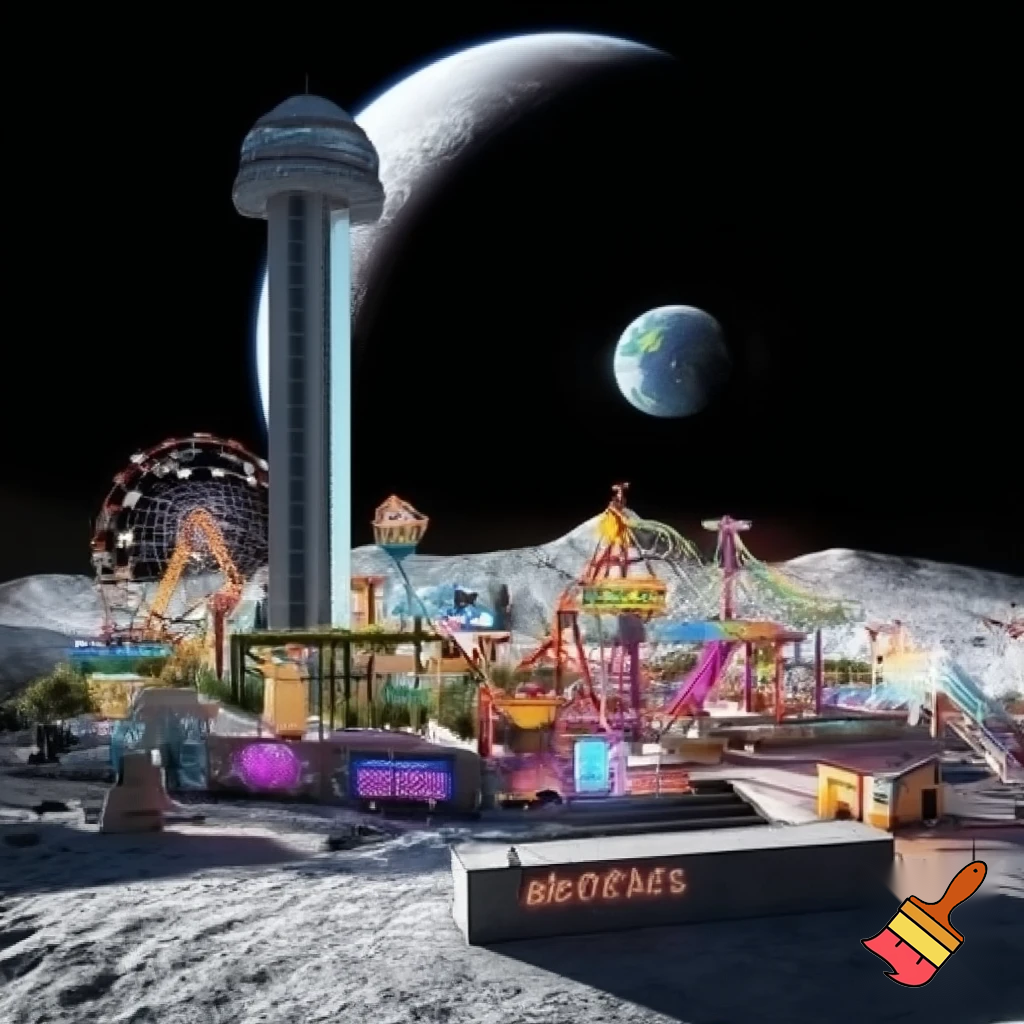 can you you make an amusement park on the moon with a giant advanced elevator from earth to the moon. The amusement PARK has playgrounds, rides, KFC, McDonald's, taco bell, chjipotle