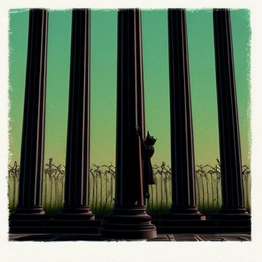 Genera una imagen de una columna griega con de rosas con espinas, las rosas salen desde abajo conforme van subiendo se van degradando hasta perderse en la columna, en la columna quiero que se vea un caballero, en la columna centrado de pie sosteniendo una espada al frente, que el caballero sea parte de la misma columna con el mismo material de la columna, también quiero que los colores sean bioluminiscentes, pero con un estilo gótico, y que haya un gato negro con ojos verdes abajo de la figura del caballero