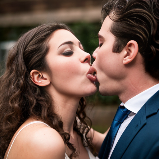 woman with long brown curly hair and dress and man snogging on the mouth