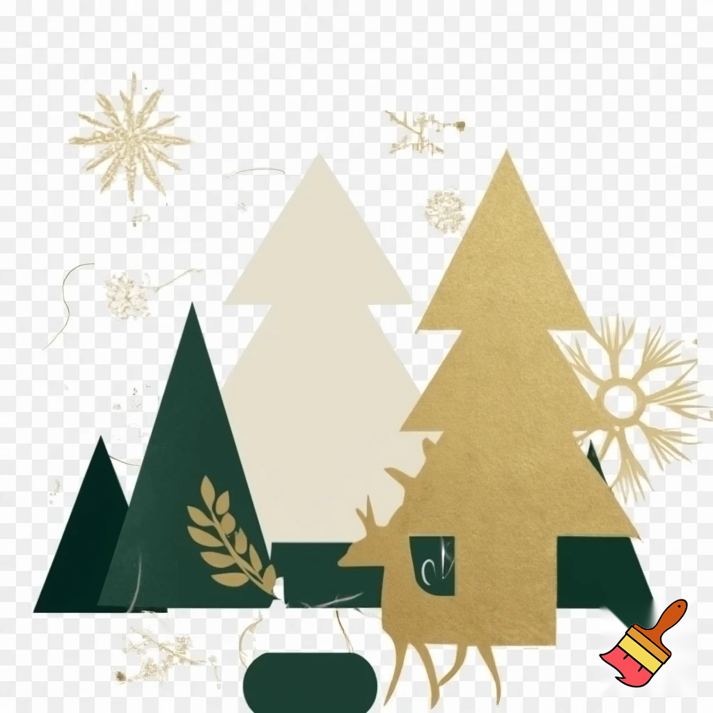 Scandinavian minimalist "this the season" Christmas graphic, featuring clean geometric trees, stylized snowflakes, stars, and abstract deer figures. Use a restricted color palette of gold, cream, and forest green. The design should be in a flat style with a subtle, elegant texture grain. The composition must be soft, cozy, and well-balanced, suitable for a printable PNG with a transparent background, perfect for a modern holiday design for cookie baking, tree decorating, and the Santa season.