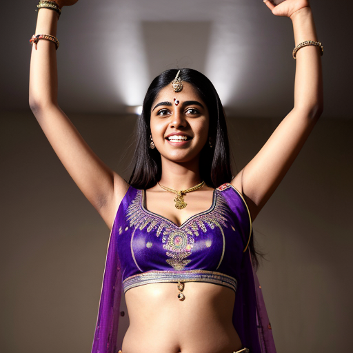 A 23 year old Indian woman in purple lehenga choli, raising arms above head