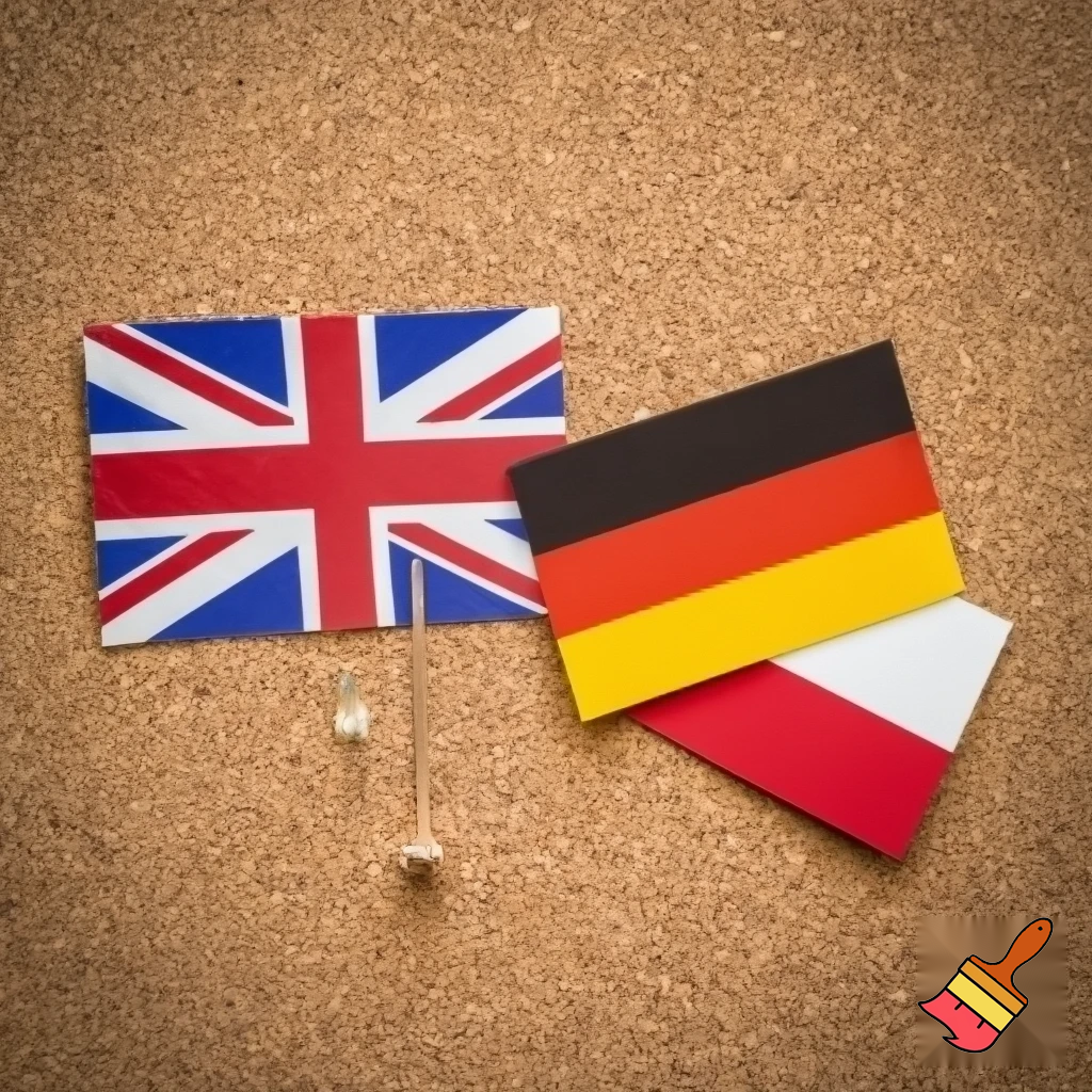 CORK BOARD WITH A BRITISH AND GERMAN AND POLISH FLAG ON IT
