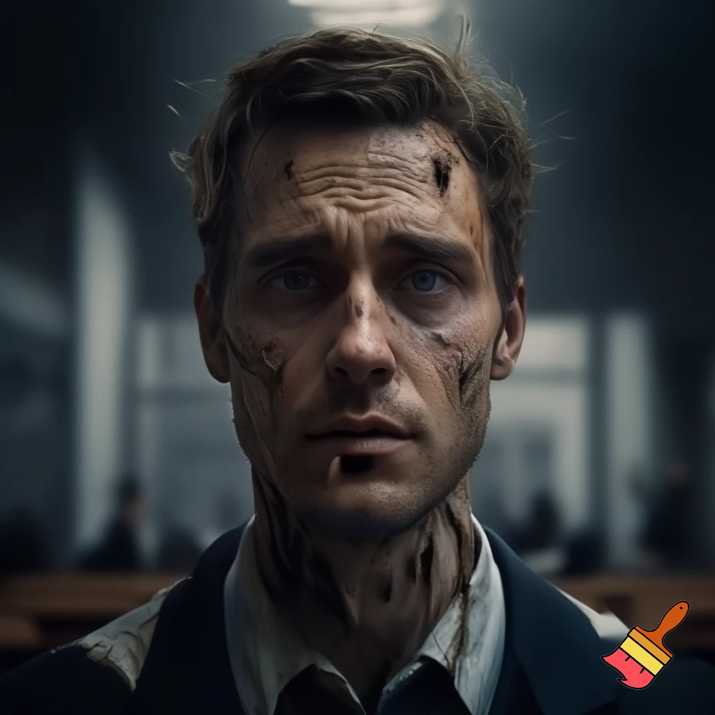 Portretul unui bărbat tânăr încă, cârciumar,bine făcut, copleșit de vină și griji, aflat în boxa acuzaților, la propriul său proces. 