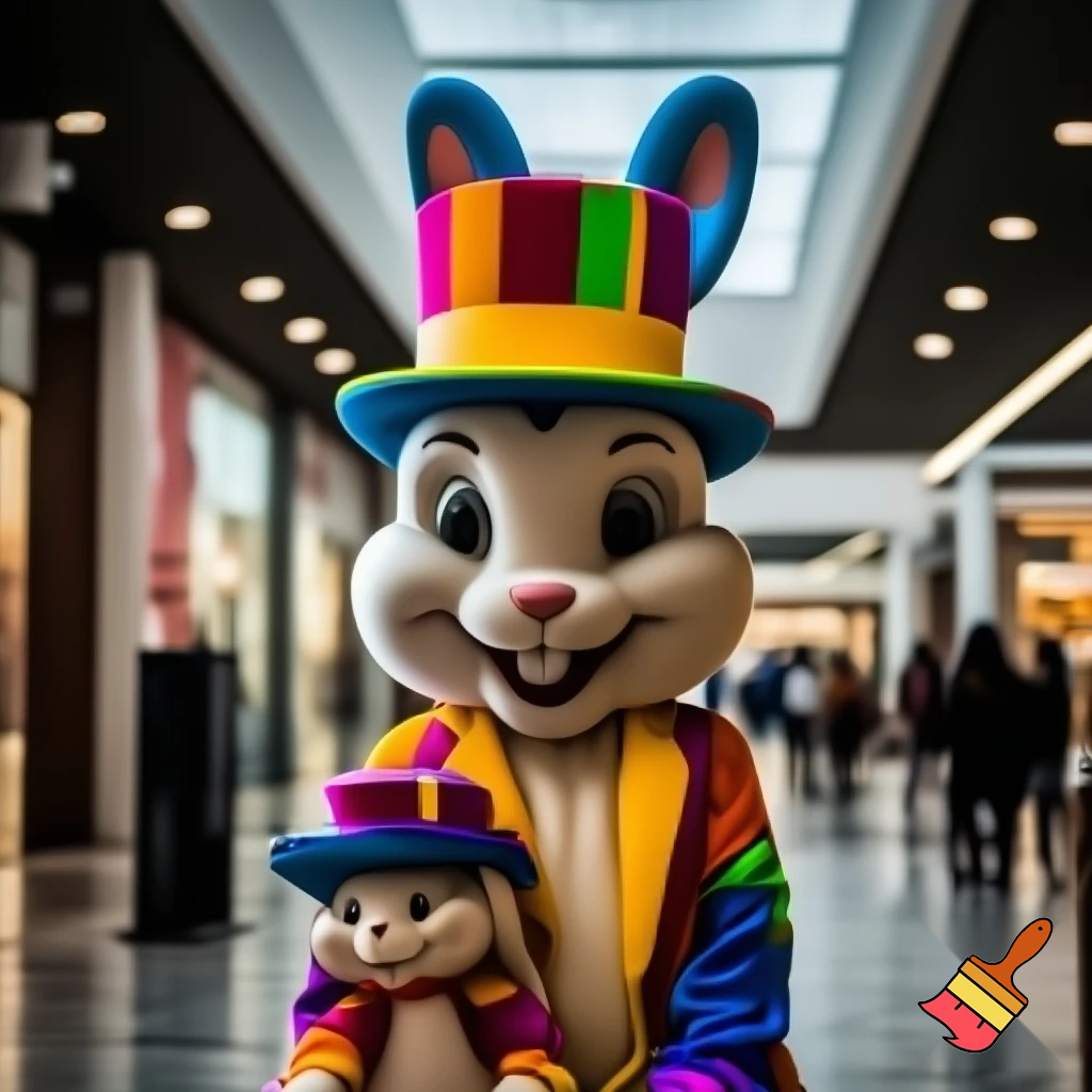 Easter bunny mascot costume top hat shopping Centre colourful jacket  colourful top hat Easter bunnies chair in the shopping centre