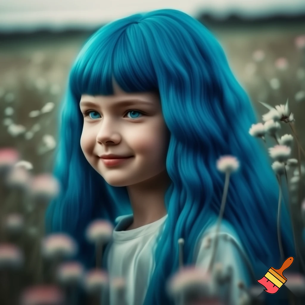 a girl in flowers with blue hair