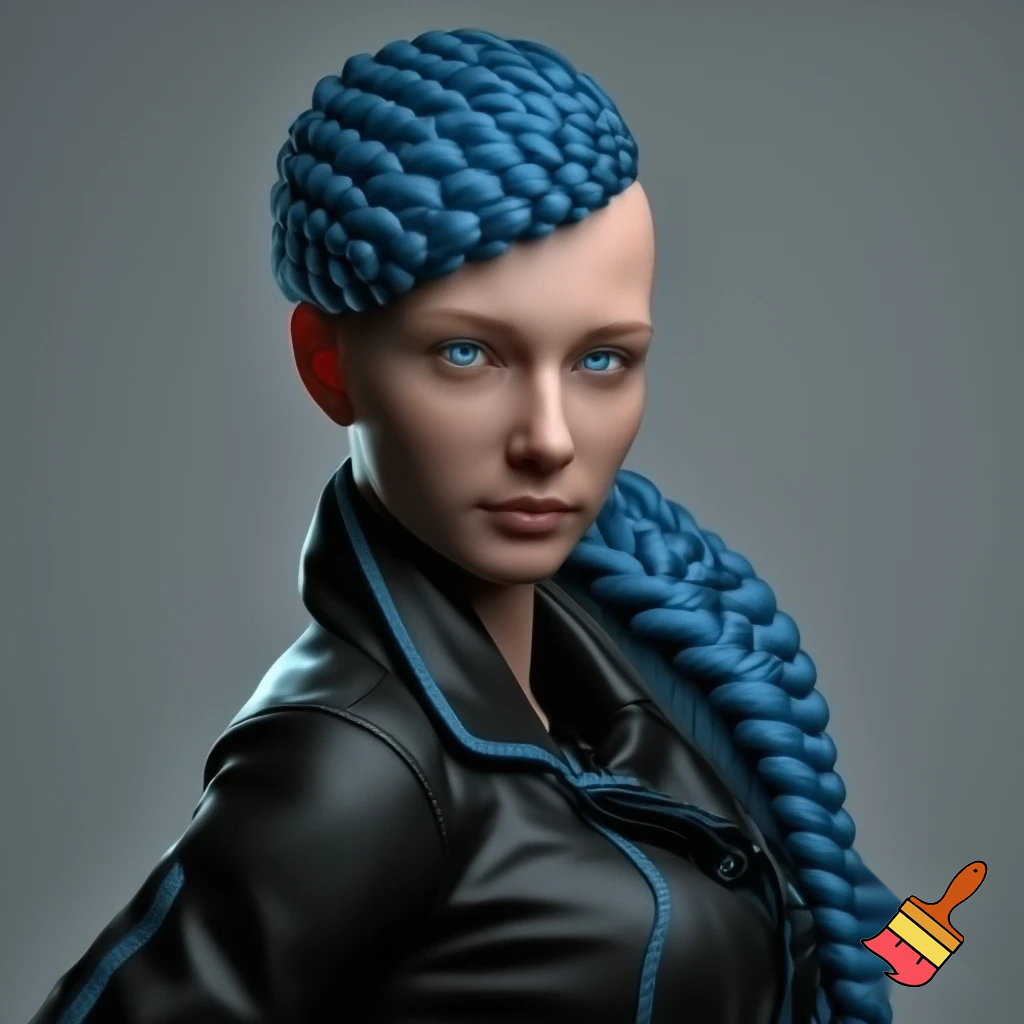 girl with blue braid and has a black jacket with blue eyes
