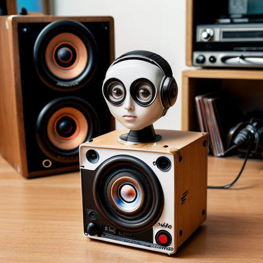 Rétro robot with a vhs tape as a head, a speaker for a body and a vinyl for a wheel