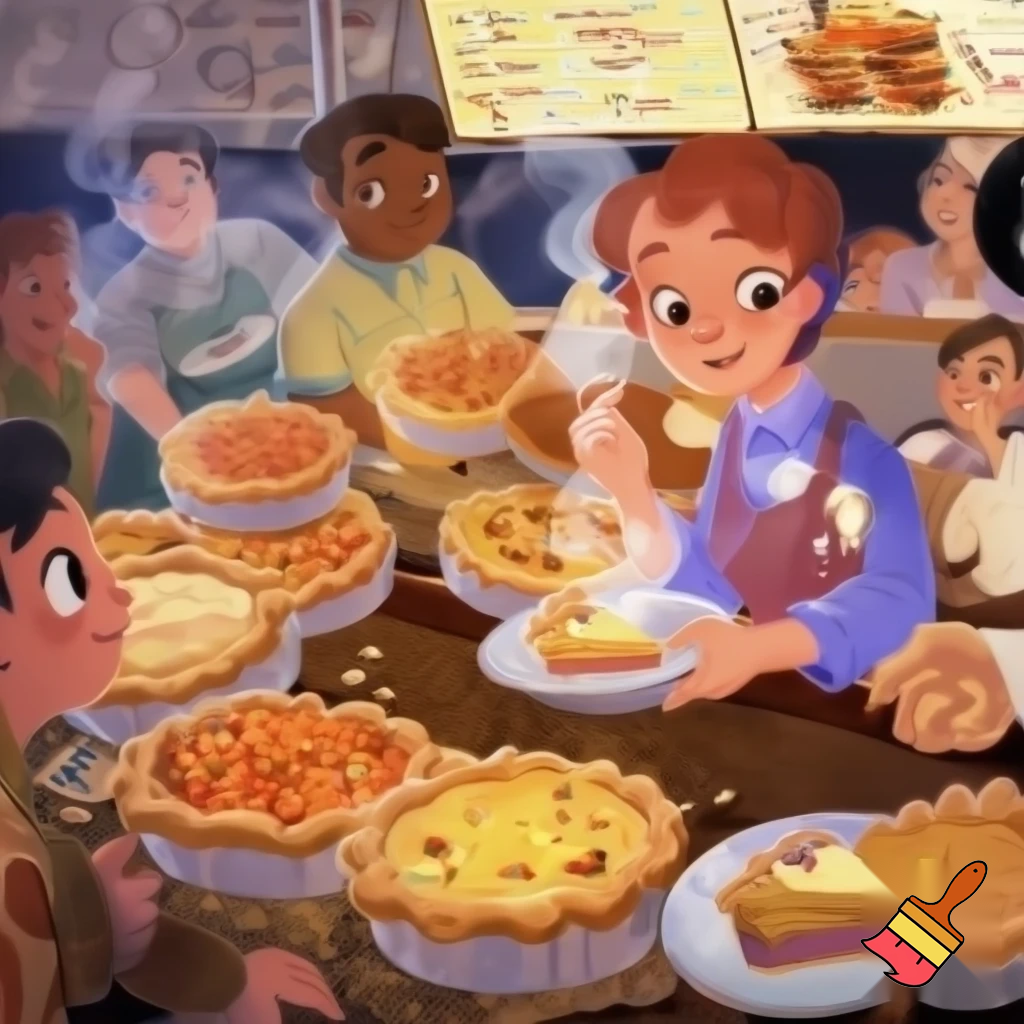 Understand what customers feel when they enter (hungry, rushed, excited).


Observe how they interact with the shop (waiting, choosing flavors, finding seats).


Listen to their comments about taste, service, prices, and menu options.


Identify emotional needs (comfort, freshness, speed, friendliness).


Recognize pain points (long waits, sold-out pies, limited options).



can you create an image based on above point into 
pie shop 