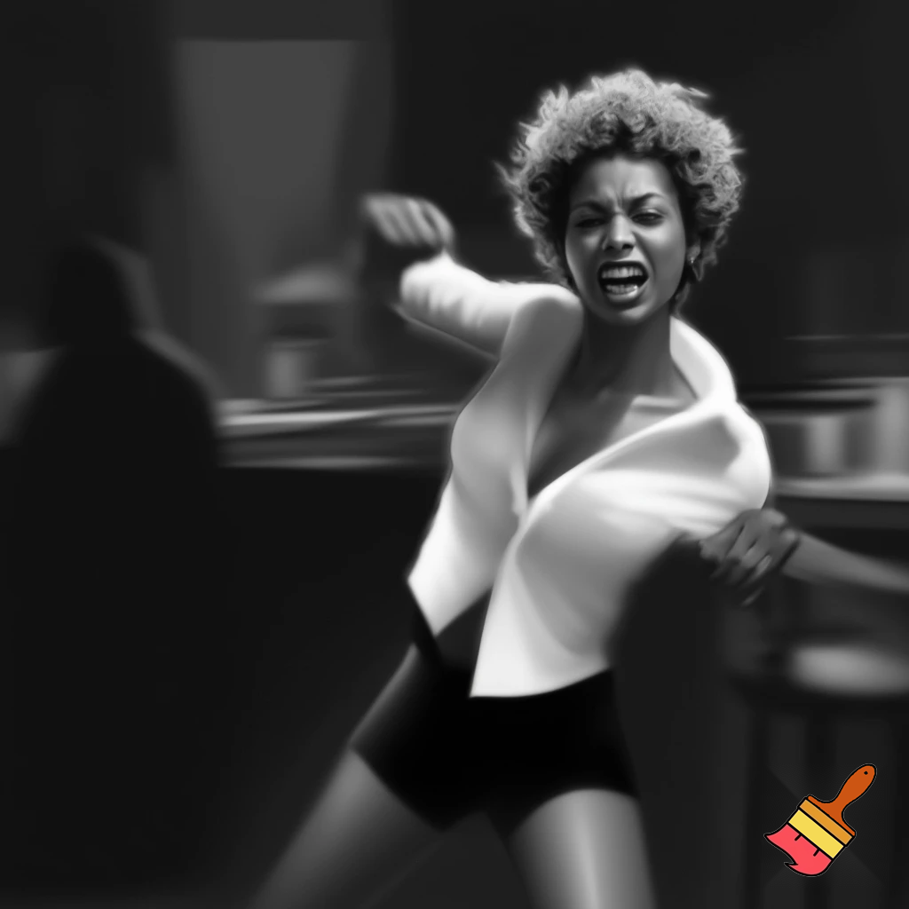 Beyonce with black short curly hair wearing a white shirt with shorts in a black setting moving screaming in a black & white bar ,she should be angry expression & furious 