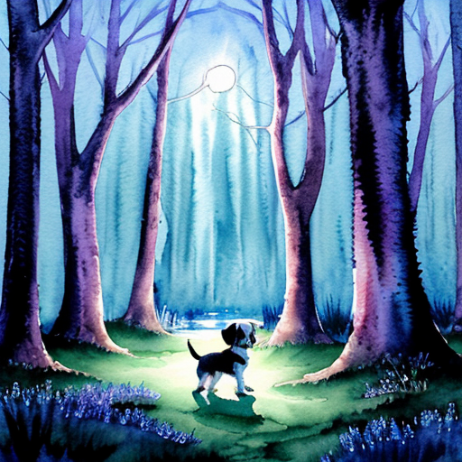 Kouzelná večerní scéna, lesní mýtina v noci, z potoka vychází jasná modrá záře. Malé štěně stojí na okraji louky, fascinovaně sleduje světlo. Magická atmosféra, modré a fialové odstíny, detailní ilustrace. Pohádkový akvarel.