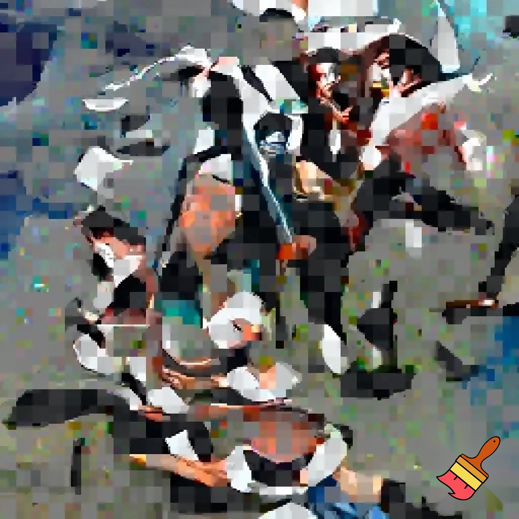 Legolas, Gimli, Aragorn, Smeagol, Frodo, Sam, Pippin, Mary, and Gandalf all hugging each other