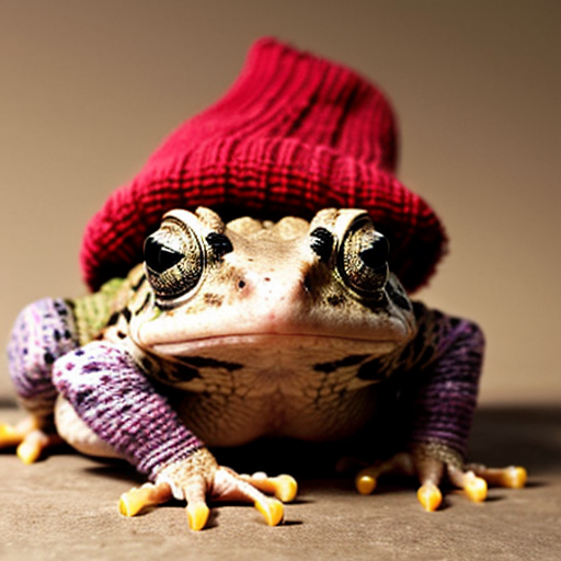 A laughable, puzzled animal toad in woolen, multicoloured winter clothings with woolen winter cap. Hyperrealistic style.