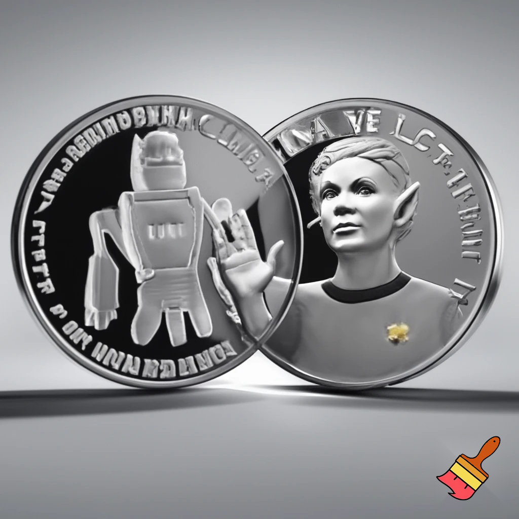 A silver commemorative coin in JFK half-dollar style, highly detailed metallic finish. Front side: Grok AI logo (stylized 'X' or robot symbol) embossed in relief with "GROK" text around the rim. Reverse side: portrait of T'Pol from Star Trek Enterprise in Vulcan attire with pointed ears, raised hand in Vulcan salute, "LIVE LONG AND PROSPER" text around the rim. Professional numismatic photography, sharp details, reflective silver surface, studio lighting.