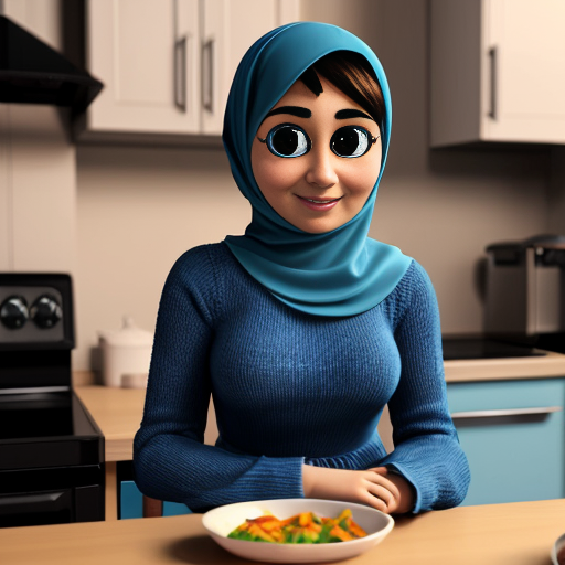 Мультяшный 3D стиль Pixar, упрощённые мультяшные черты, яркие дружелюбные цвета, уютная кухня. Мусульманская мама 35-40 лет, полностью покрыта голубым платьем, которая не выделяет широкое платье,сделай акцент на широком платье чтобы ничего не облегало округлое мультяшное лицо, большие простые глаза, готовит на плите. Сын, 20 лет, синяя толстовка, чёрные джинсы, короткая мусульманская причёска, мультяшное лицо, большие выразительные глаза, сидит за столом. Постоянный персонаж, одинаковая одежда и причёска, повторяемый дизайн персонажа, кинематографическое освещени.