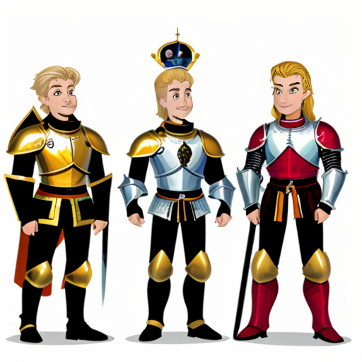 A cartoon image of three Knights. On the left is an older man. In the middle is a girl knight with golden armor. On the right is a man with blonde hair.