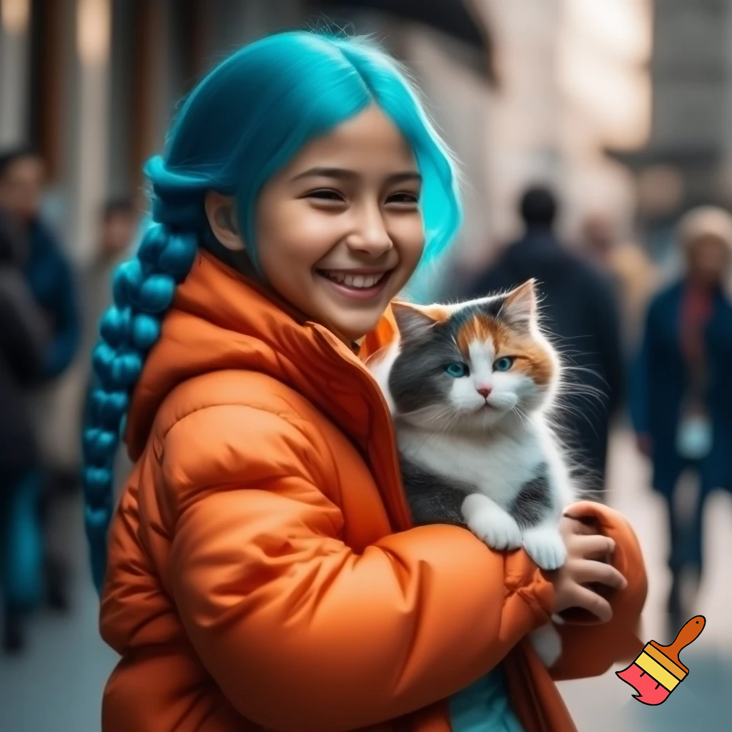 a girl with blue hair braid and a orenge jacket holding a cat and a smle all the people like her she was so famous