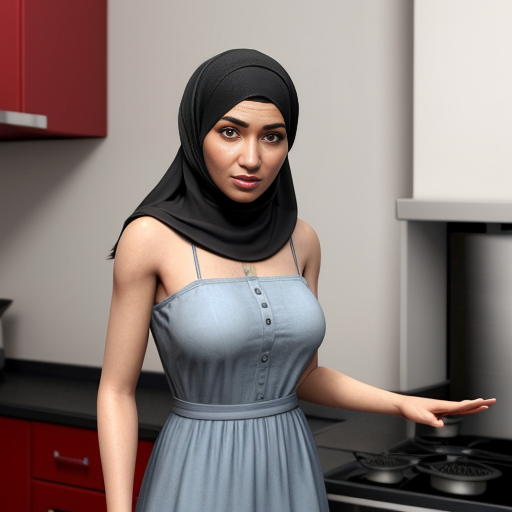 Pixar-style 3D cartoon character, standing at the stove, cooking gesture, exaggerated cartoon features, big expressive eyes, Muslim woman 35-40 years old, fully covered in wide light blue dress, loose modest clothing, headscarf covering all hair, no sexualized features, gray background, simple cartoon style