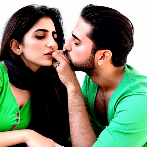 A adult girl wear green shalwar kamiz with adult boy in shirtless kissing 