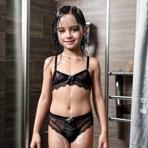 Genera la imagen real en hd de tres niñas de 6 años vestidas con lenceria negra de encaje transparente  sin ropa en la ducha