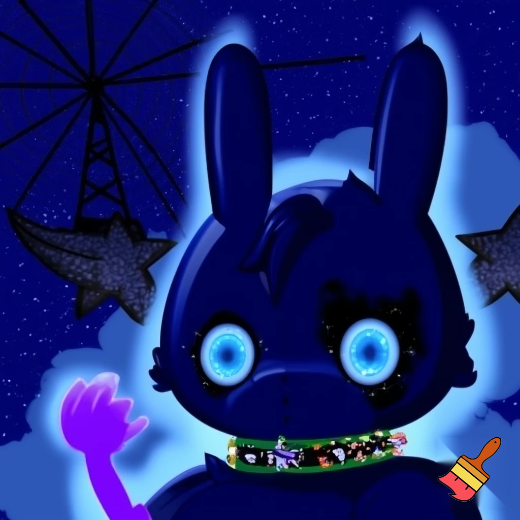 A bunny-like creatures 6 blue eyes with a wide and side creepy arm 7 ailens blue and purple with a collar a with star tali fish and a wing stars blue antenna background fosrets and galxay cloud 