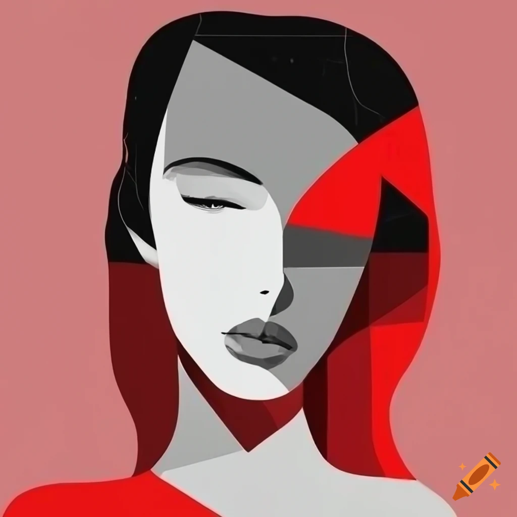 abstract geometric female portrait silhouette, black lines, white, red