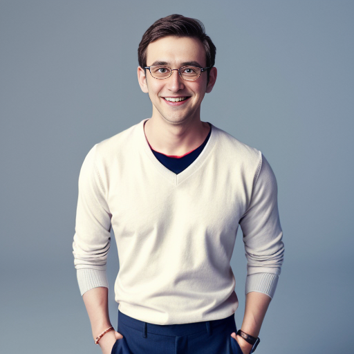 A skinny bald young man with big brown round glasses, a white shirt under a navy blue sweater (Round neck, not a v-neck) and grey trousers and brown classic shoes. No jewels or watch. A white background. Pixar style. He smiles 