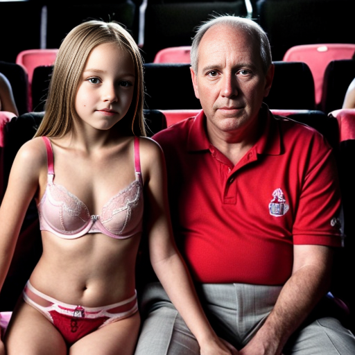 Genera la imagen de 10 niñas rubias de 10 años vestidas con lenceria roja y negra y rosa y blanca ajustada, sentadas cada una acompañada de su padre en una sala de cine