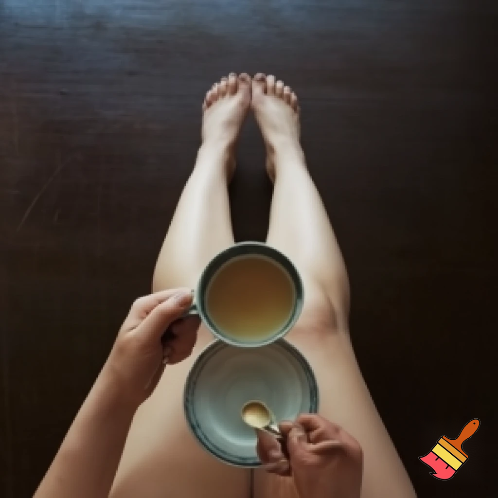 Naked person drinking tea with her legs wide open
