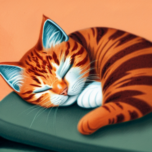A fluffy orange cat sleeping on a sofa, peaceful expression, warm cosy colours in cartoon style