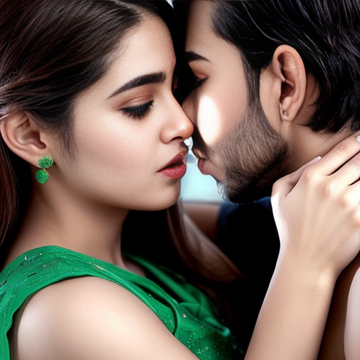 A adult girl wear green shalwar kamiz with adult boy in without  shirt kissing  