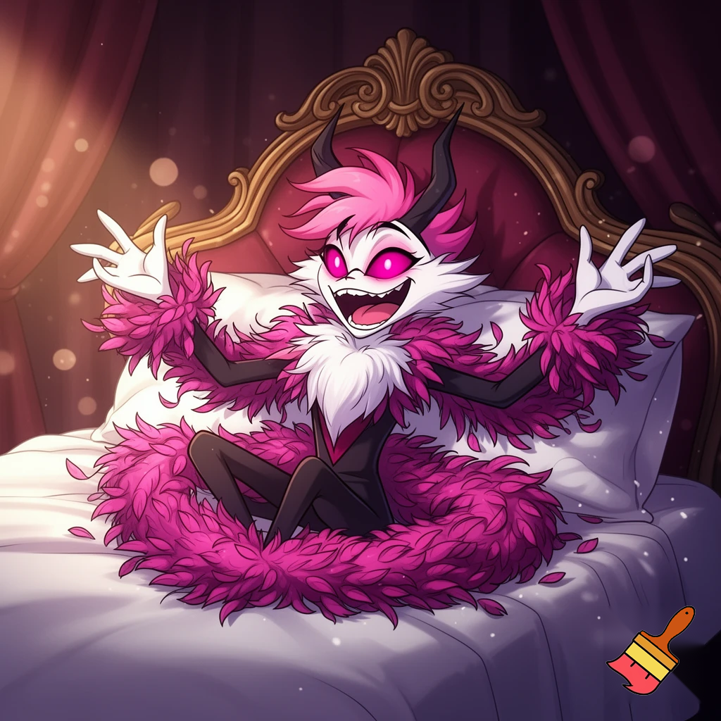 Angel dust from Hazbin hotel on a bed being pinned