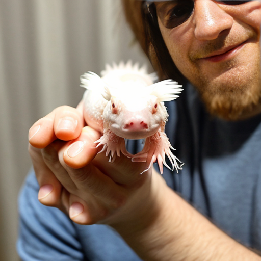 albino axolotl holding a small glock 19
