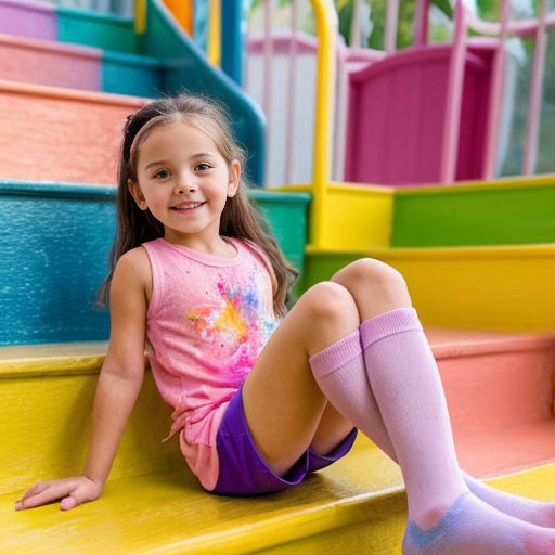 A girl lying down on the soft colourful Stairs wearing summer pink vests and purple shorts and yellow socks in indoor playground age 5 - 10