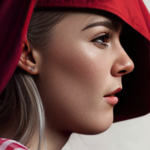 cute red riding hood, cinema, realistic, ultrarealistic, sideview, silver hair, strong makeup