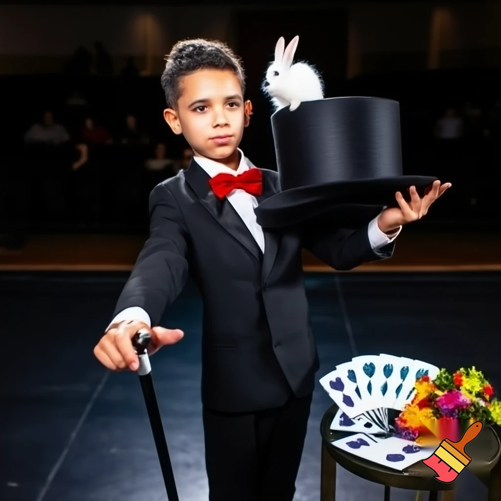 Preteen Boy Magician on Stage Tuxedo Red Bowtie Rabbit in Hat Cane Cards Flowers