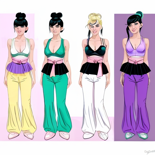 90's Disney style comic with dark blue background with six panel grids showing Panel 1 the black haired ponytail woman with ,dark purple skin ,purple and yellow spotted harem pants,and bra and purple sash and yellow vest and purple curved slippers. Panel 2 the black haired ponytail woman with white skin,black and white striped harem pants,black and white bra and black sash and black vest and white curved slippers. Panel 3 the black haired ponytail woman with blue skin, light and dark blue striped harem pants, light blue bra and dark blue sash and dark blue vest and light blue curved slippers . Panel 4 the black haired ponytail woman with green skin, light and dark green harem pants, light green bra and dark green sash and dark green vest and light green curved slippers. Panel 5 the black haired ponytail woman with dark pink skin, pink harem pants, pink bra and pink sash and pink vest and pink curved slippers. Panel 6 the black haired ponytail woman with orange and purple striped harem pants, purple bra and orange sash and orange vest and purple curved slippers and all are having their hand palms place together near their chest and swaying their hips