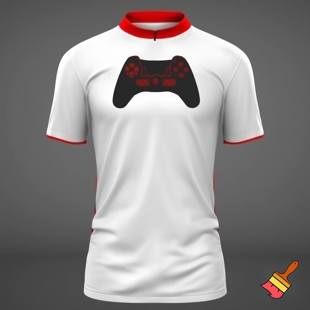 Una maglia da calcio bianca con dettagli rossi come il colletto alto e un controller nero dipinto sulla maglia al centro con dettagli rossi.  Fammi vedere tutta la maglia. Fai uno sfondo neutro 